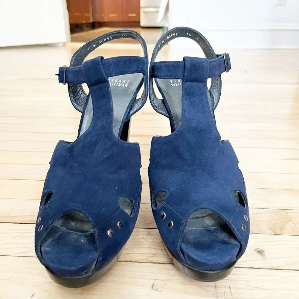 Stuart Weitzman Navy Blue Suede T-Strap Platform Heels - Picture 2 of 11